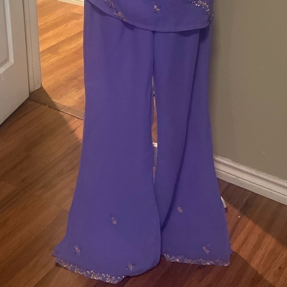 Purple pants only yellow/pink embroidery flowers